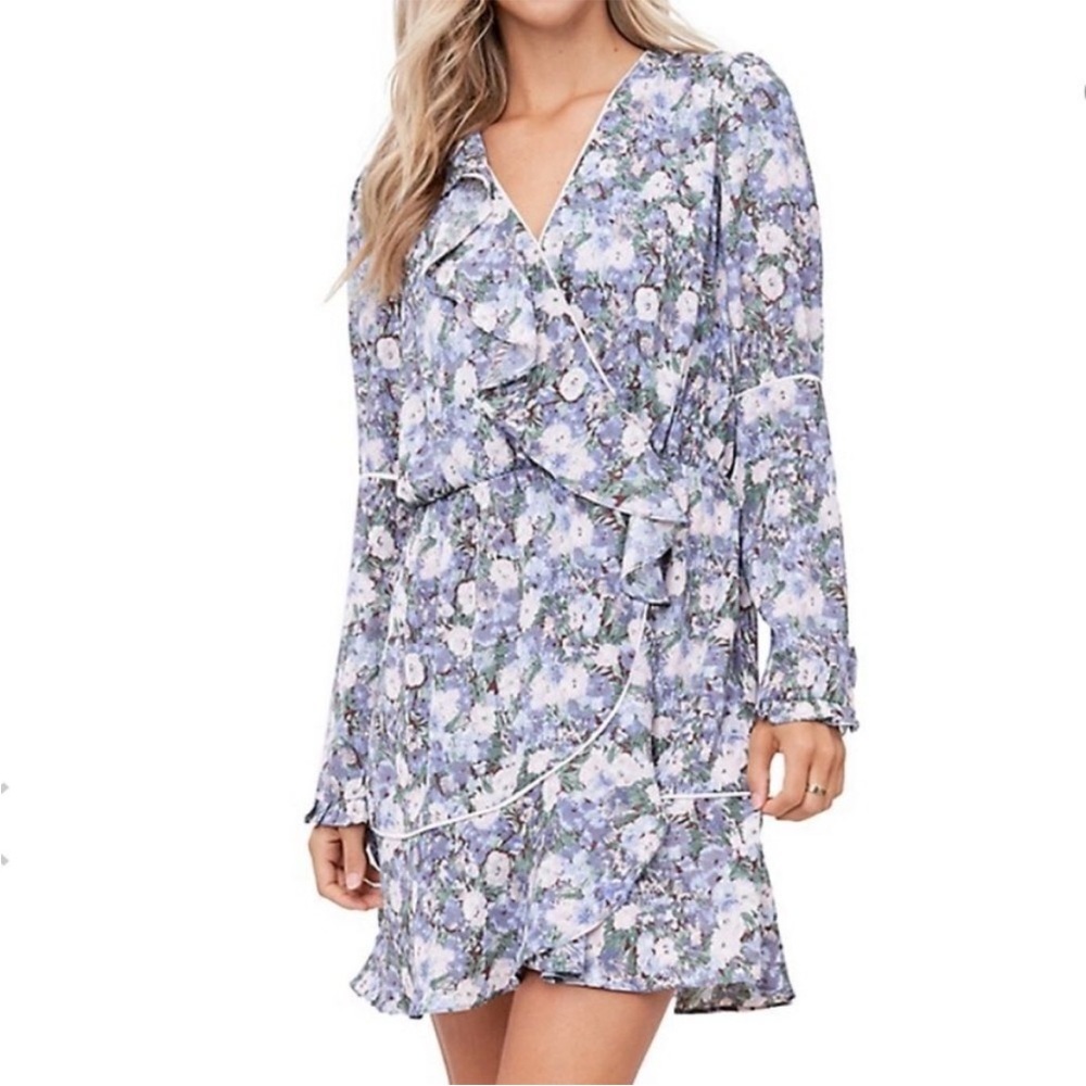 Anthropologie En Saison Blue Floral Long Sleeve V-Neck Mini Dress Small